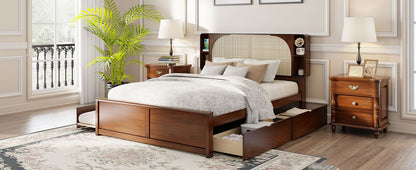 Queen Size Headboard Bed With 2 Drawers And Trundle Walnut