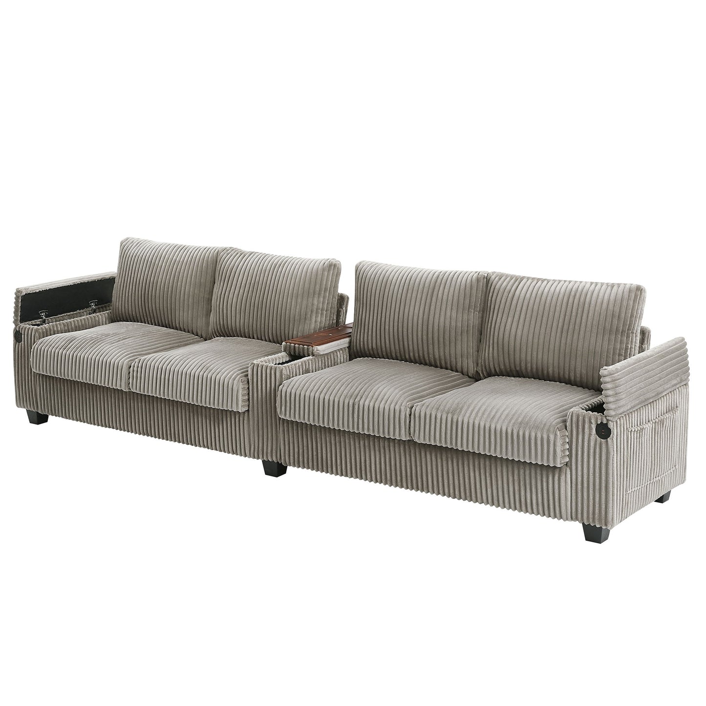 Modern 4 Seater Corduroy Sofa Couch With USB Ports, Hidden Storage Arms, And Flip Top Cup Holders - Brown - Brown
