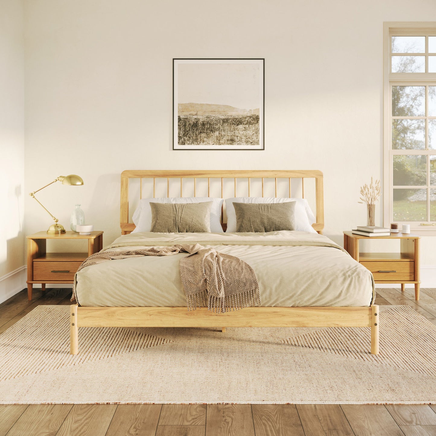 Mid-Century Modern Solid Wood King Spindle Bed - Natural Pine