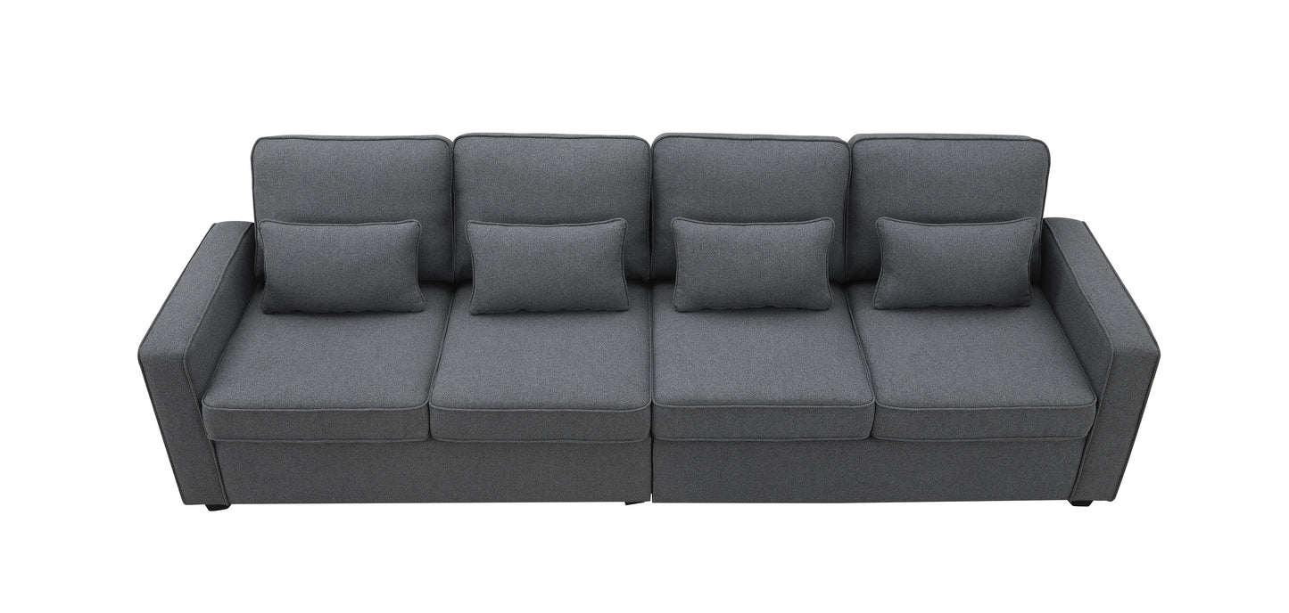 4 Seater Modern Linen Sofa With Armrest Pockets And 4 Pillows, Minimalist Style Couch - Dark Gray