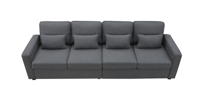 4 Seater Modern Linen Sofa With Armrest Pockets And 4 Pillows, Minimalist Style Couch - Dark Gray