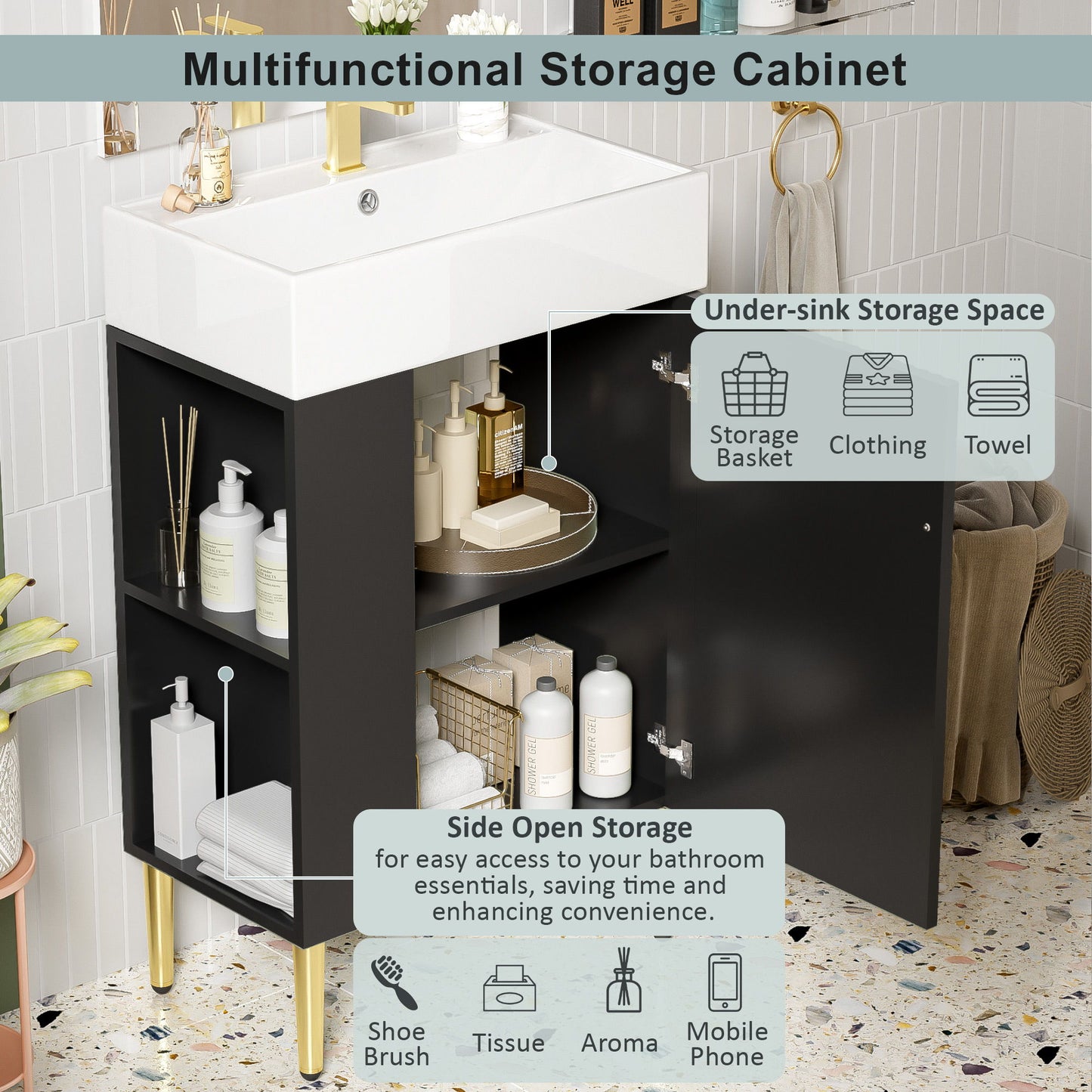 Bathroom Vanity, Combo Cabinet, Bathroom Storage Cabinet, Single Ceramic Sink, Left Side Storage - Black