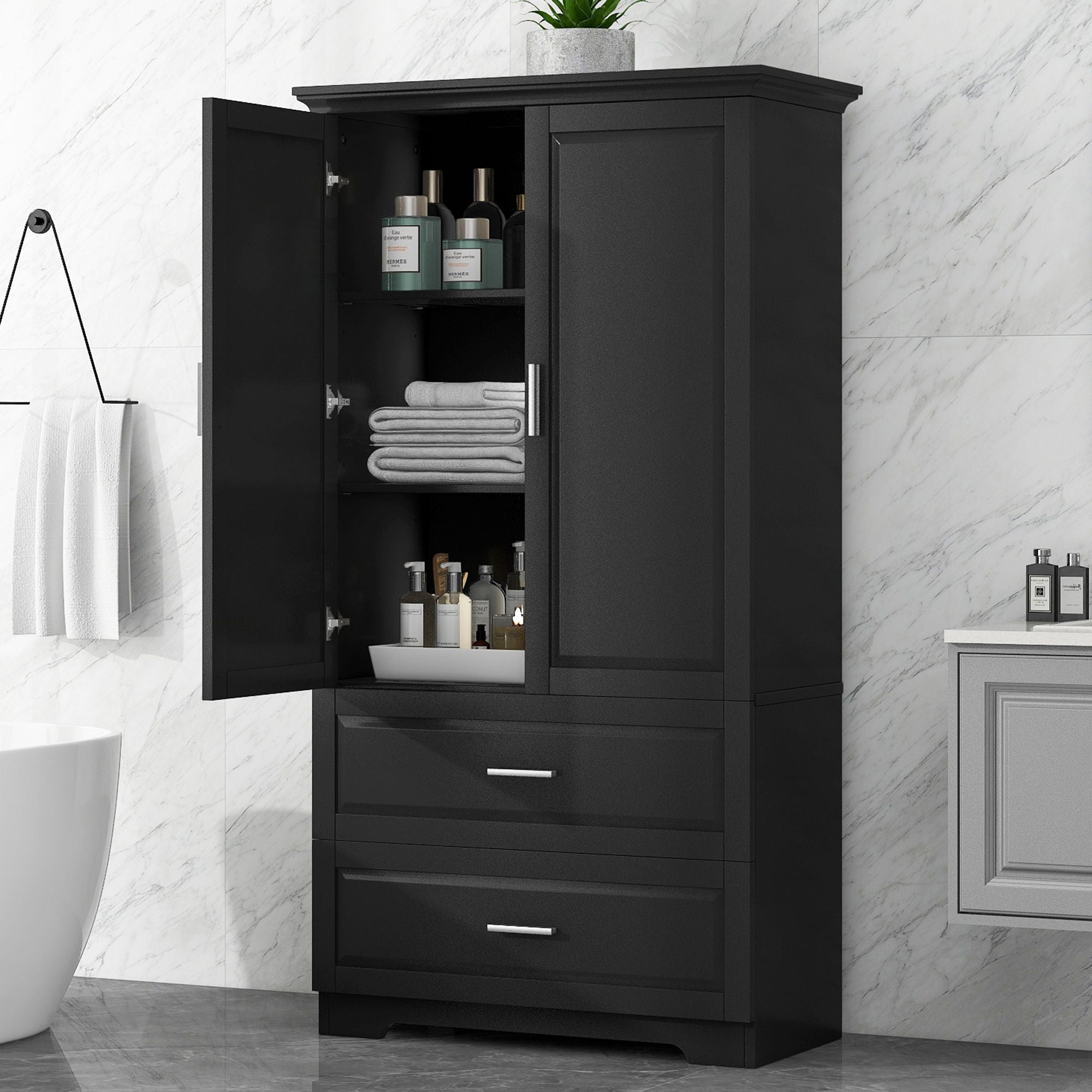 Tall Bathroom Storage Cabinet, Cabinet With 2 Doors And Drawers, Adjustable Shelf - Black