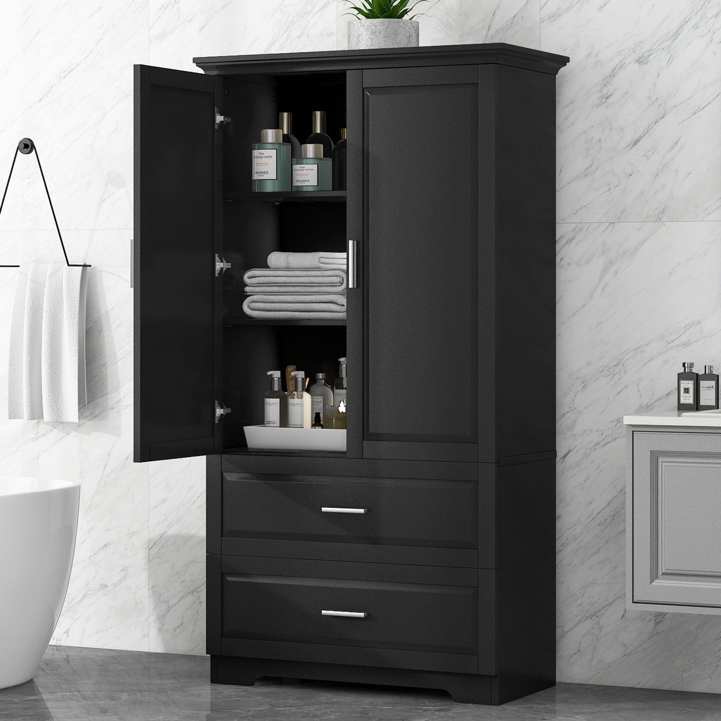 Tall Bathroom Storage Cabinet, Cabinet With 2 Doors And Drawers, Adjustable Shelf - Black