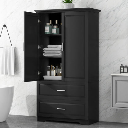 Tall Bathroom Storage Cabinet, Cabinet With 2 Doors And Drawers, Adjustable Shelf - Black