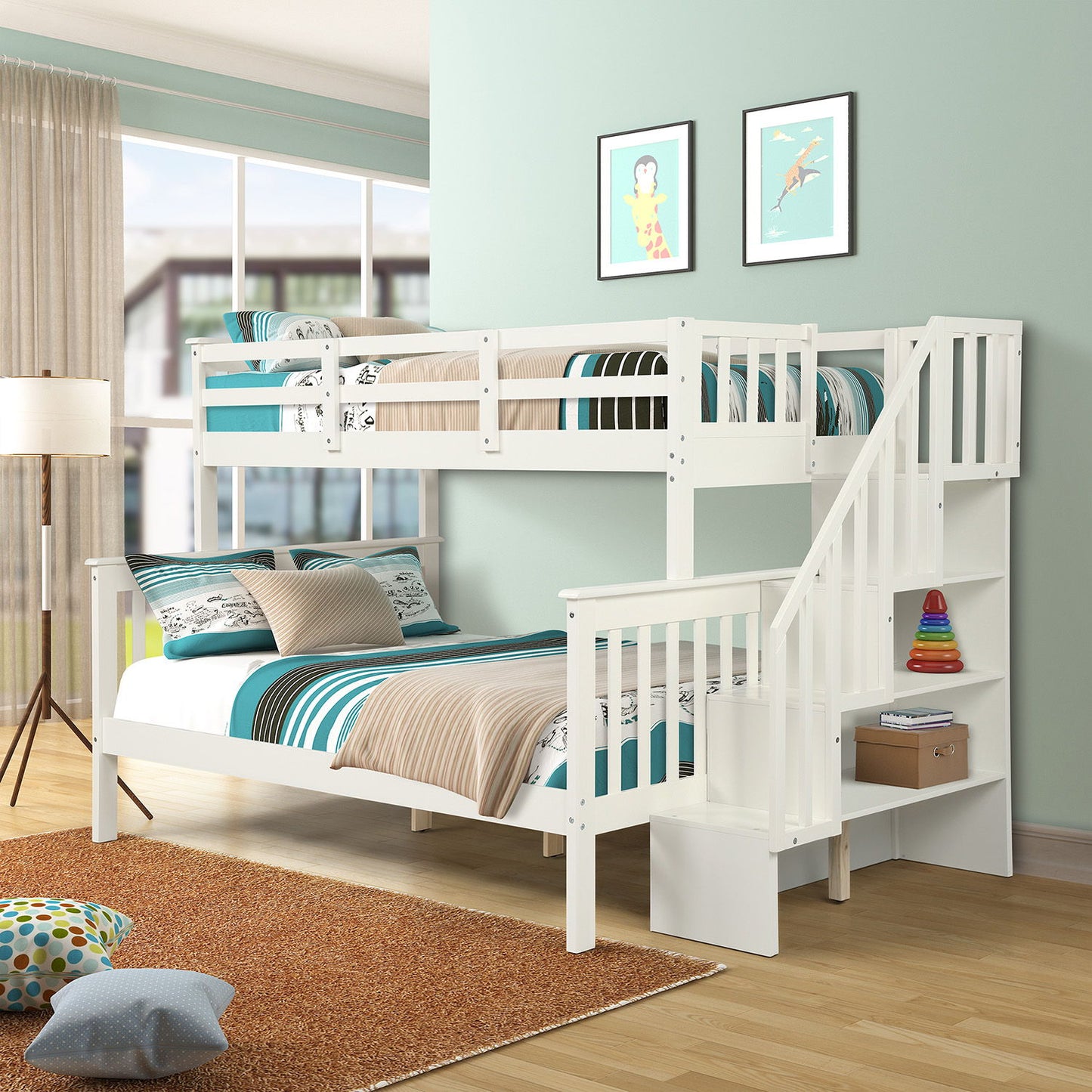 Twin Over Full Bunk Bed Stairway With Storage And Guard Rail For Bedroom - White