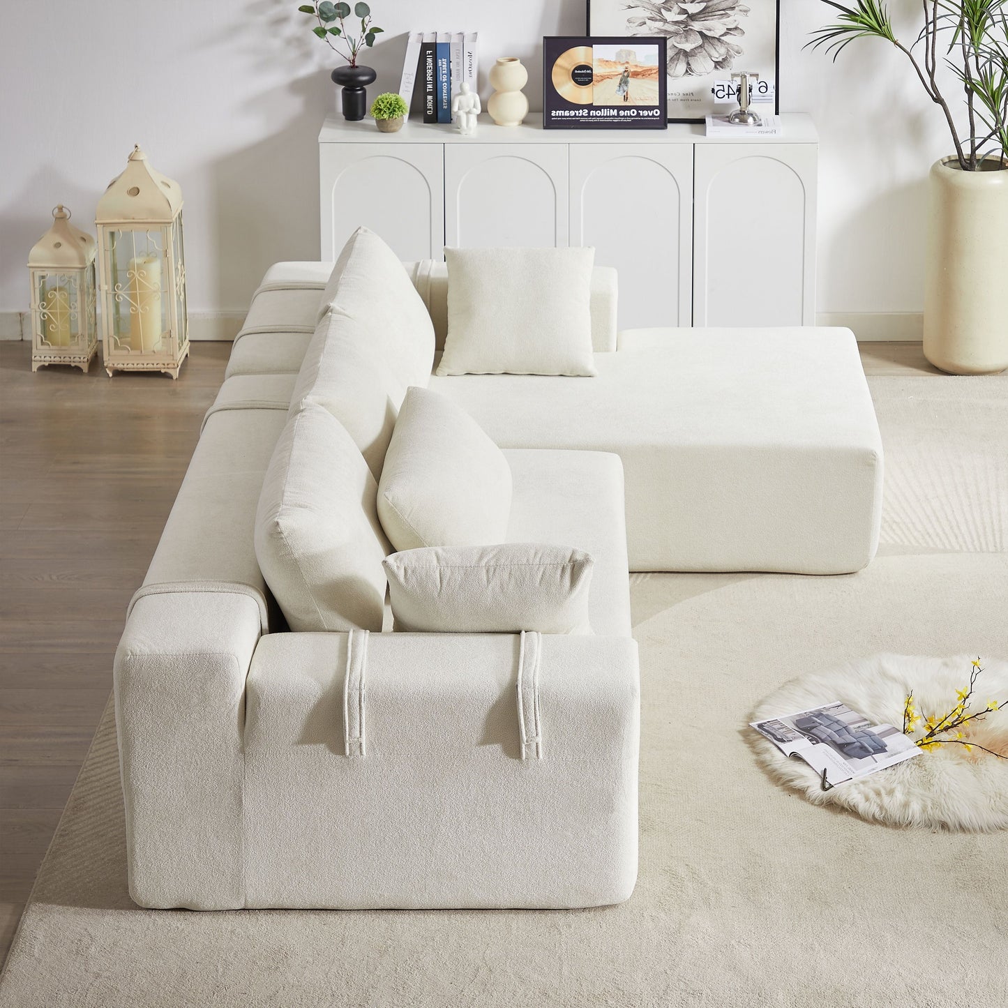 Modern Chenille Upholstered Sectional Sofa Couch Set, Modular L Shaped Sectional Living Room Sofa Set & 6 Pillows, Free Combination - Beige