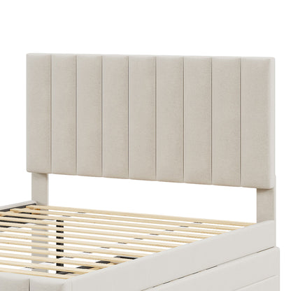 Full Size Upholstered Platform Bed With Twin Size Trundle And 3 Drawers - Beige