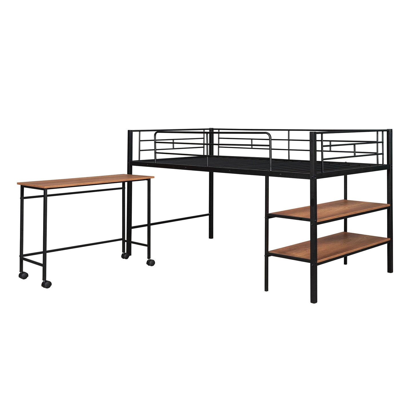 Twin Size Loft Bed With Desk And Shelves - Black
