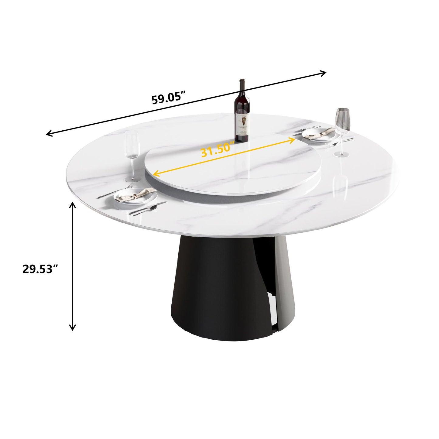 59.05" Modern Artificial Stone Round Carbon Steel Base Dining Table, Can Accommodate 6 People, White Artificial Stone Turntable - White / Black