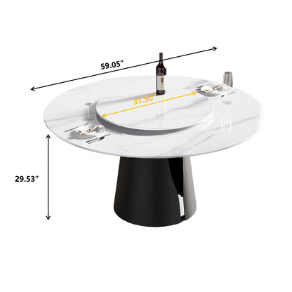 59.05" Modern Artificial Stone Round Carbon Steel Base Dining Table, Can Accommodate 6 People, White Artificial Stone Turntable - White / Black