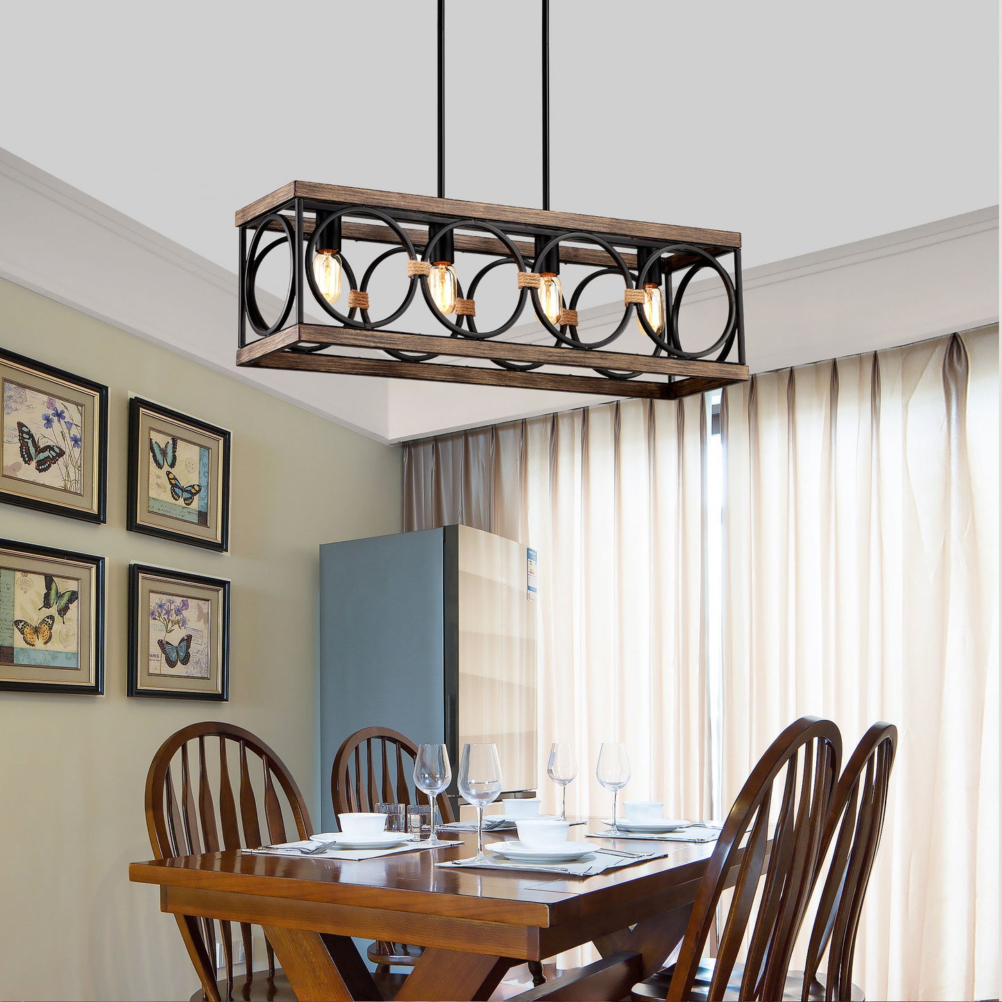 4 Light (Bulb No Included) Farmhouse Rectangle Pendant Light, Wood Texture Vintage Rustic Chandeliers Metal Industrial Hanging Light Fixtures For Kitchen, Entryway, Dining Room - Black / Natural