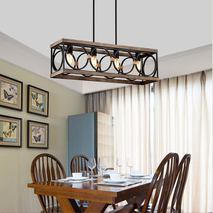 4 Light (Bulb No Included) Farmhouse Rectangle Pendant Light, Wood Texture Vintage Rustic Chandeliers Metal Industrial Hanging Light Fixtures For Kitchen, Entryway, Dining Room - Black / Natural