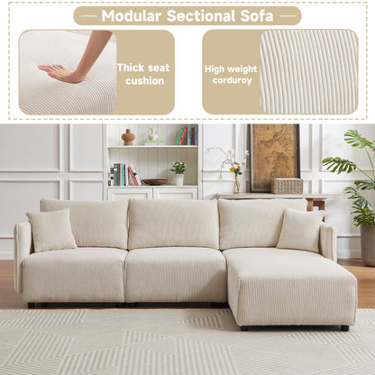Multi Module Combination Style Sofa For Living Room And Other Lounge Spaces, Modern Minimalist Corduroy Combination Sofa With 2 Comfort Cushions With USB & C Charging Ports, 2 Sets - Beige