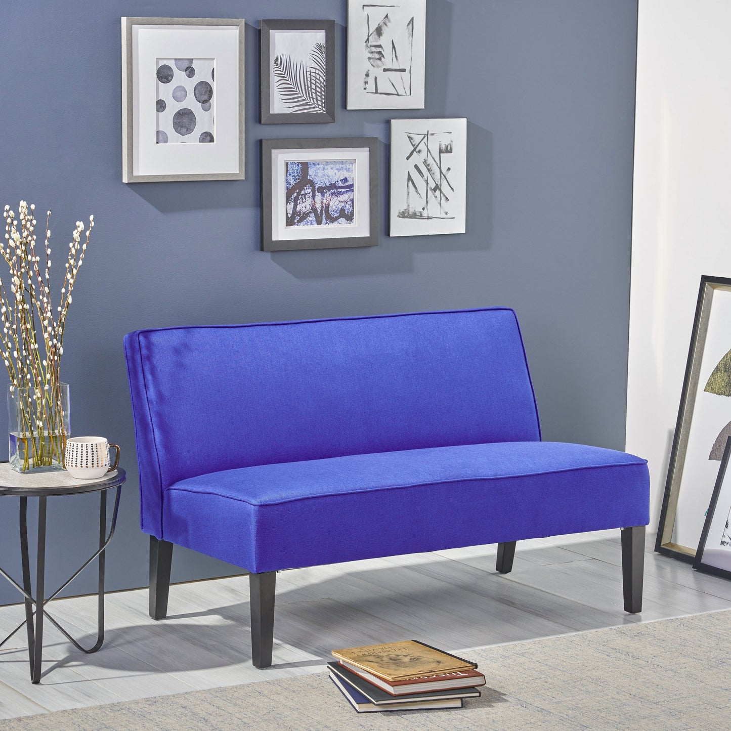 Contemporary Loveseat With Upholstered Fabric And Birch Wood Legs - Navy Blue