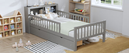 Twin Size Bed With Headboard Storage Rack, 2 Under Bed Drawers, 3 - Side Guardrails For Safety And Security - Gray
