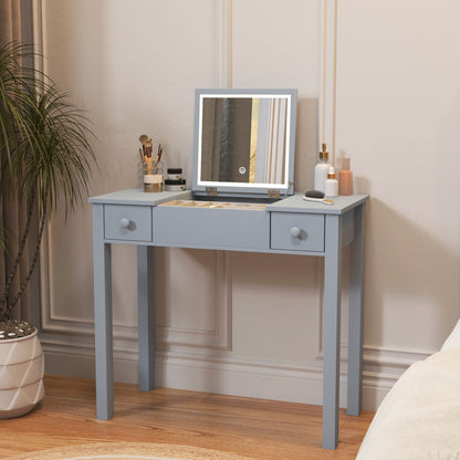 Vanity Table With LED Lights, Flip-Top Mirror And 2 Drawers, Jewelry Storage - Sleek Gray