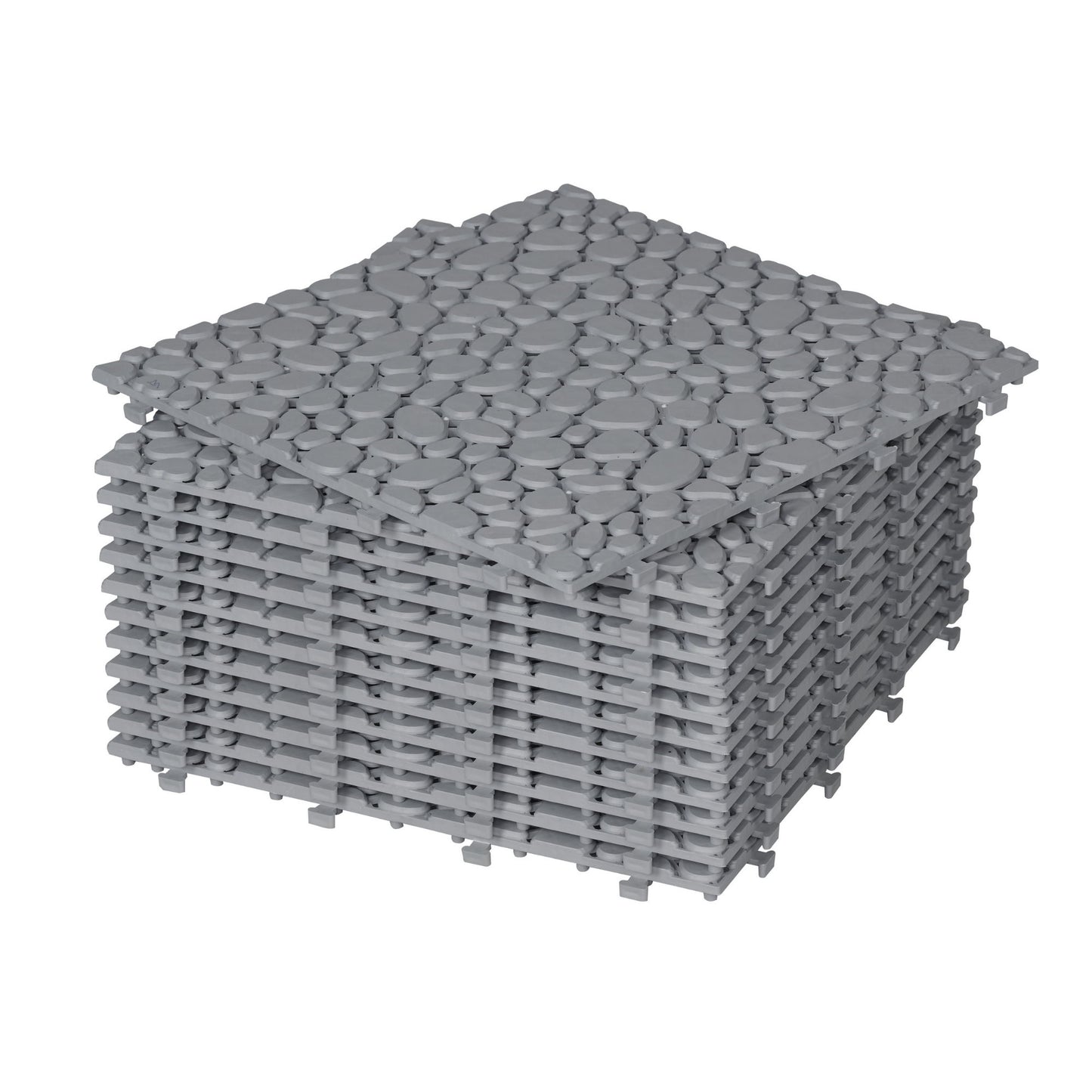 Interlocking Deck Tiles Plastic Waterproof Outdoor All Weather Anti-Slip Bathroom Shower Balcony Porch Strong Weight Capacity Upto 440 Lbs, Pebble Stone Pattern Pack Of 12 - Gray
