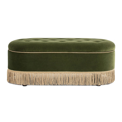 Melinda - Oval Tufted Bullion Fringe Storage Bench - Olive Green