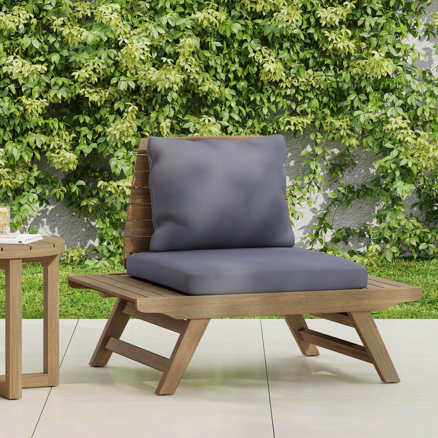 Outdoor Club Chair With Slatted Design And Water Resistance Cushion - Dark Gray