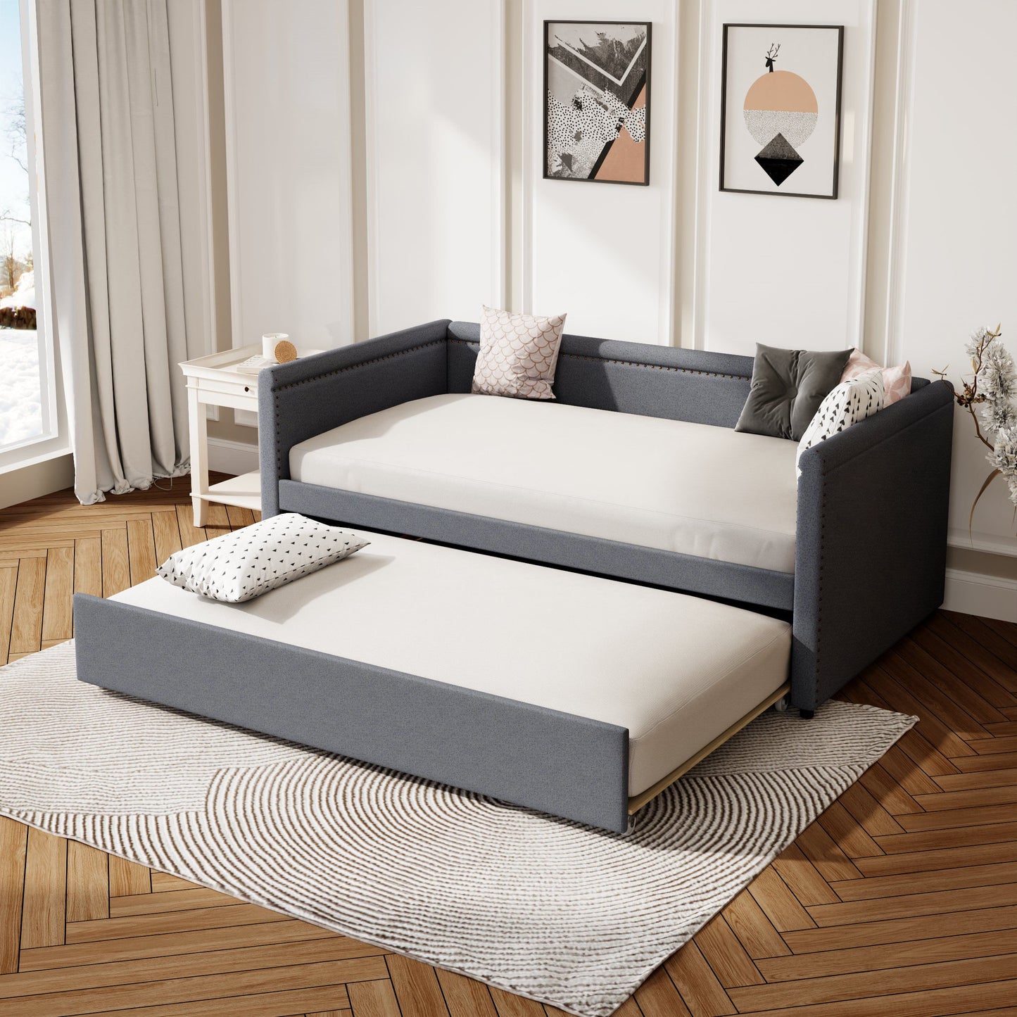 Modern Style Twin Size Upholstered Daybed With Trundle For Guest Room, Small Bedroom, Study Room - Gray