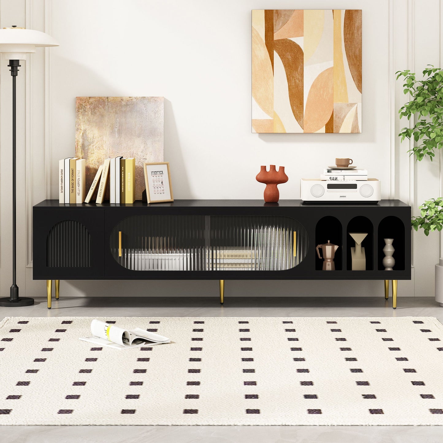 Modern TV Stand For Up To 70" TV, Entertainment Center TV Media Console Table, With 3 Shelves And 2 Cabinets, TV Console Cabinet Furniture For Living Room - Black