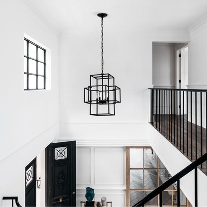 4 Light Metal Lantern Tiered Pendant Hanging Light Fixtures, Industrial Farmhouse Adjustable Height Chandeliers For Dining Room Hallway Foyer Entryway (E12 Bulbs Not Included) - Matte Black