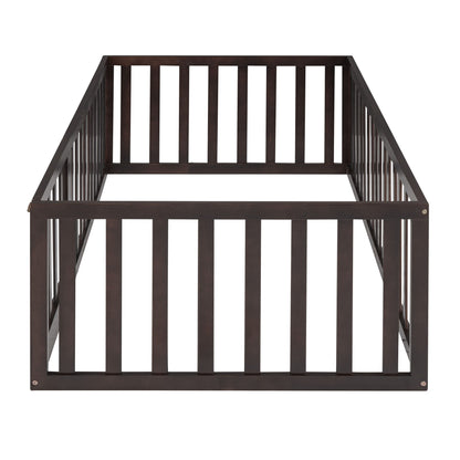 Twin Size Floor Bed Frame With Fence And Door - Walnut