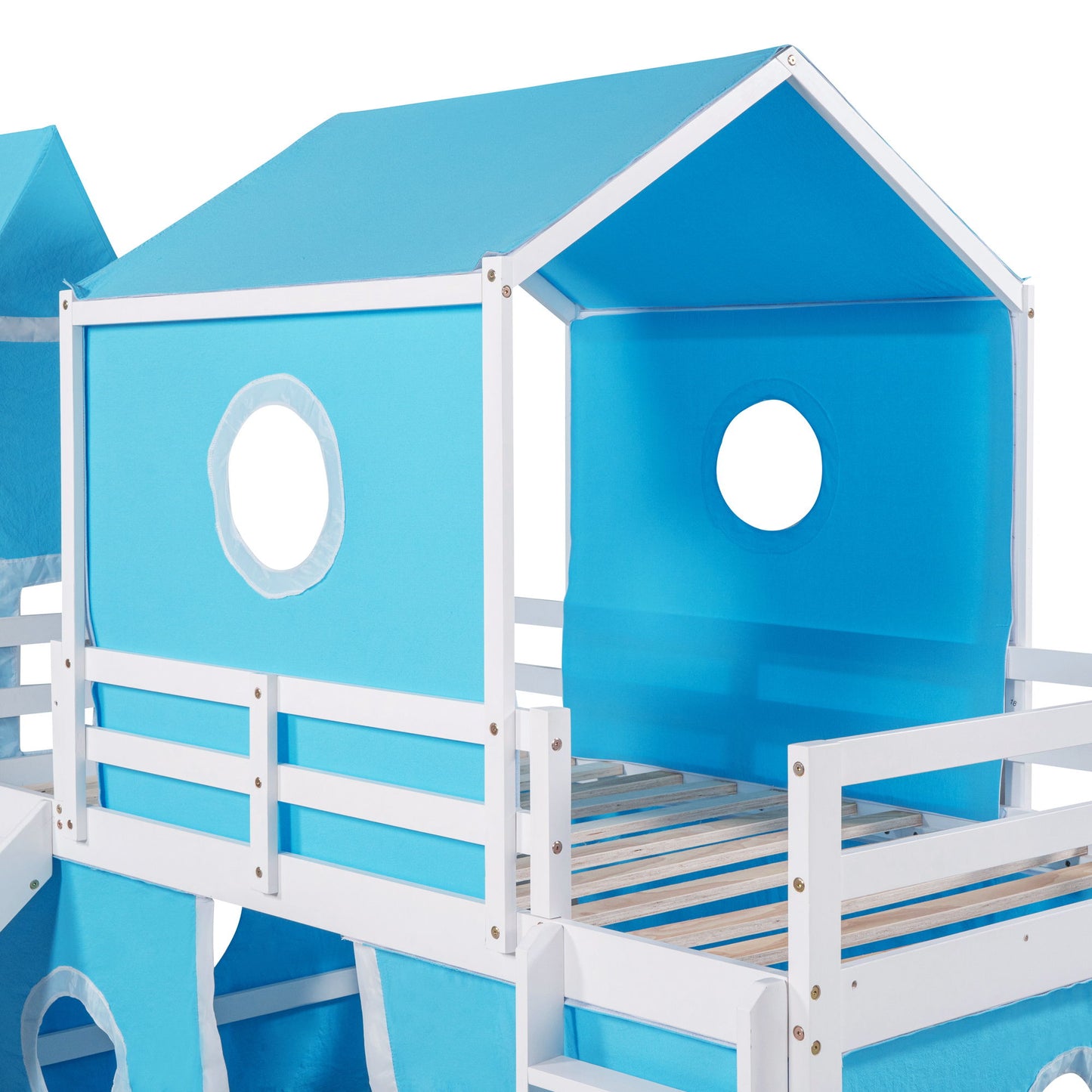 Twin Size Loft Bed With Slide Blue Tent And Tower - Blue