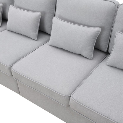 4 Seater Modern Linen Sofa With Armrest Pockets And 4 Pillows, Minimalist Style Couch - Light Gray