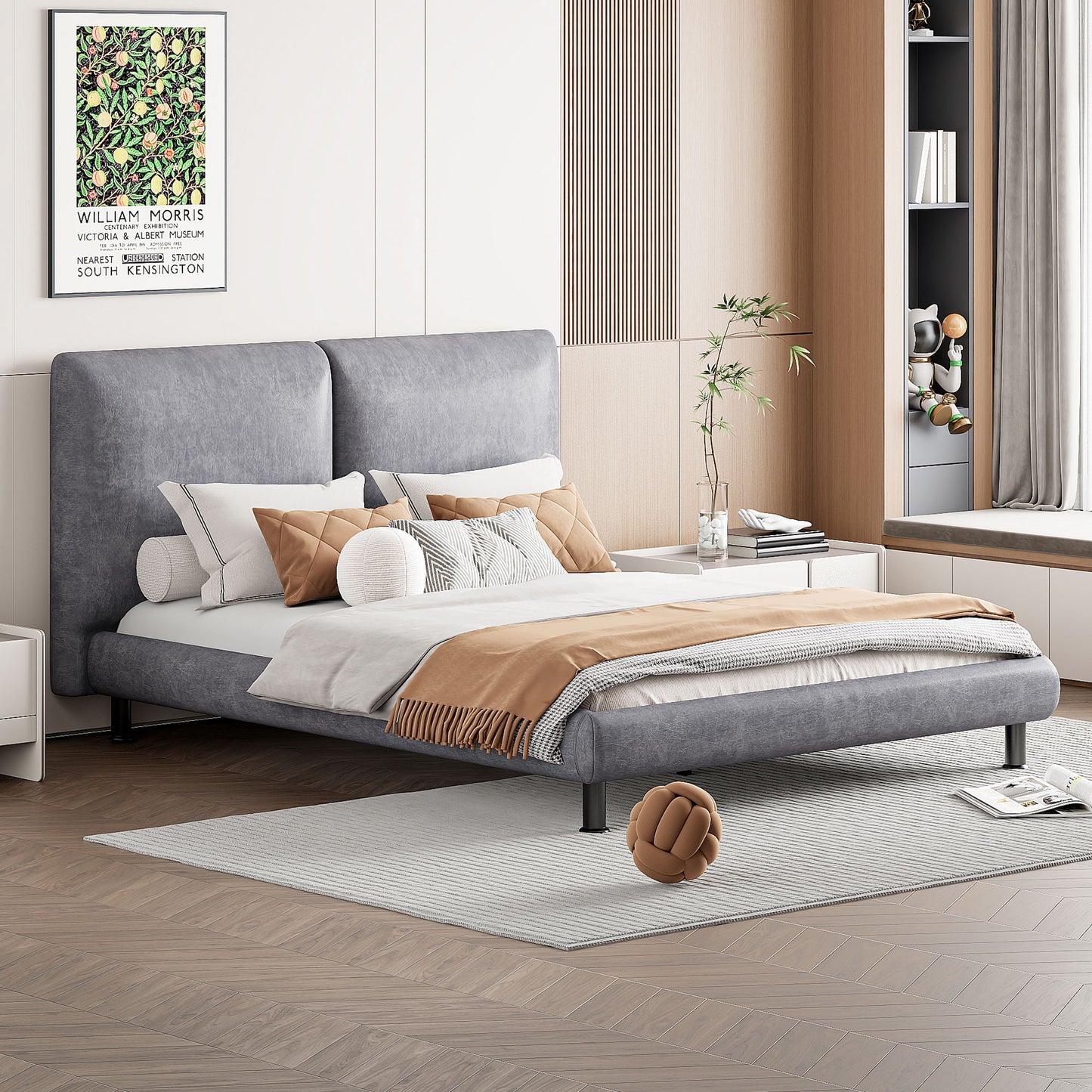 Queen Size Upholstered Platform Bed With 2 Large Headrests And Thick - Gray