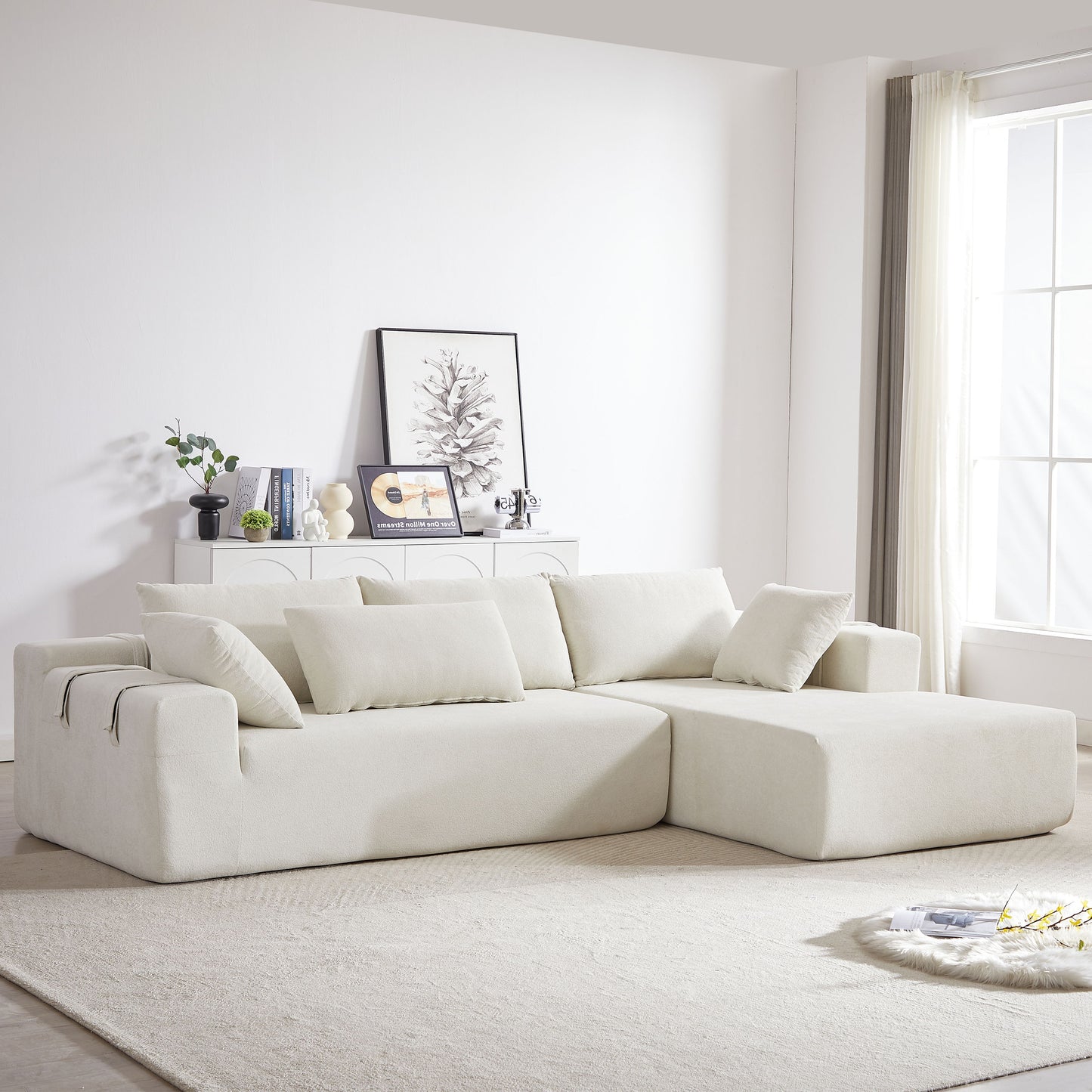 Modern Chenille Upholstered Sectional Sofa Couch Set, Modular L Shaped Sectional Living Room Sofa Set & 6 Pillows, Free Combination - Beige