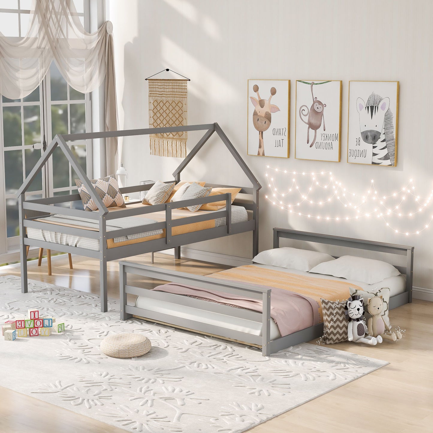 Twin Over Full House Bunk Bed With Built-In Ladder - Gray