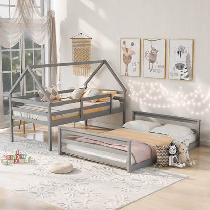 Twin Over Full House Bunk Bed With Built-In Ladder - Gray