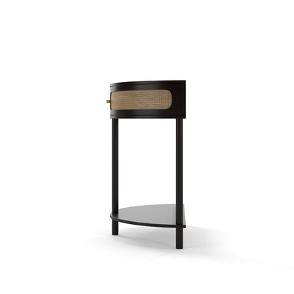 Boho Rattan Semi Circle End Table With Sliding Door, Elegant Wood Accent Table With Storage And Bottom Shelf - Black