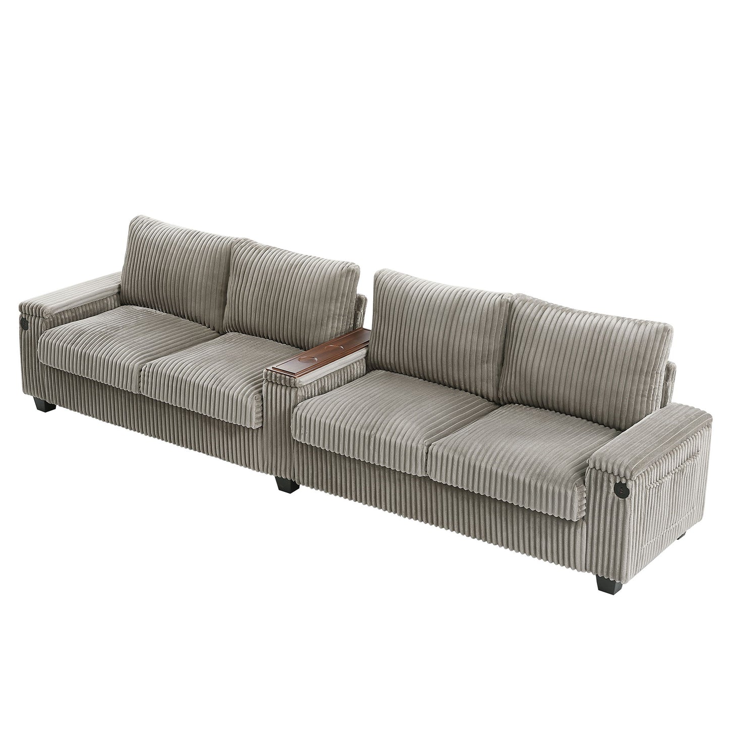 Modern 4 Seater Corduroy Sofa Couch With USB Ports, Hidden Storage Arms, And Flip Top Cup Holders - Brown - Brown