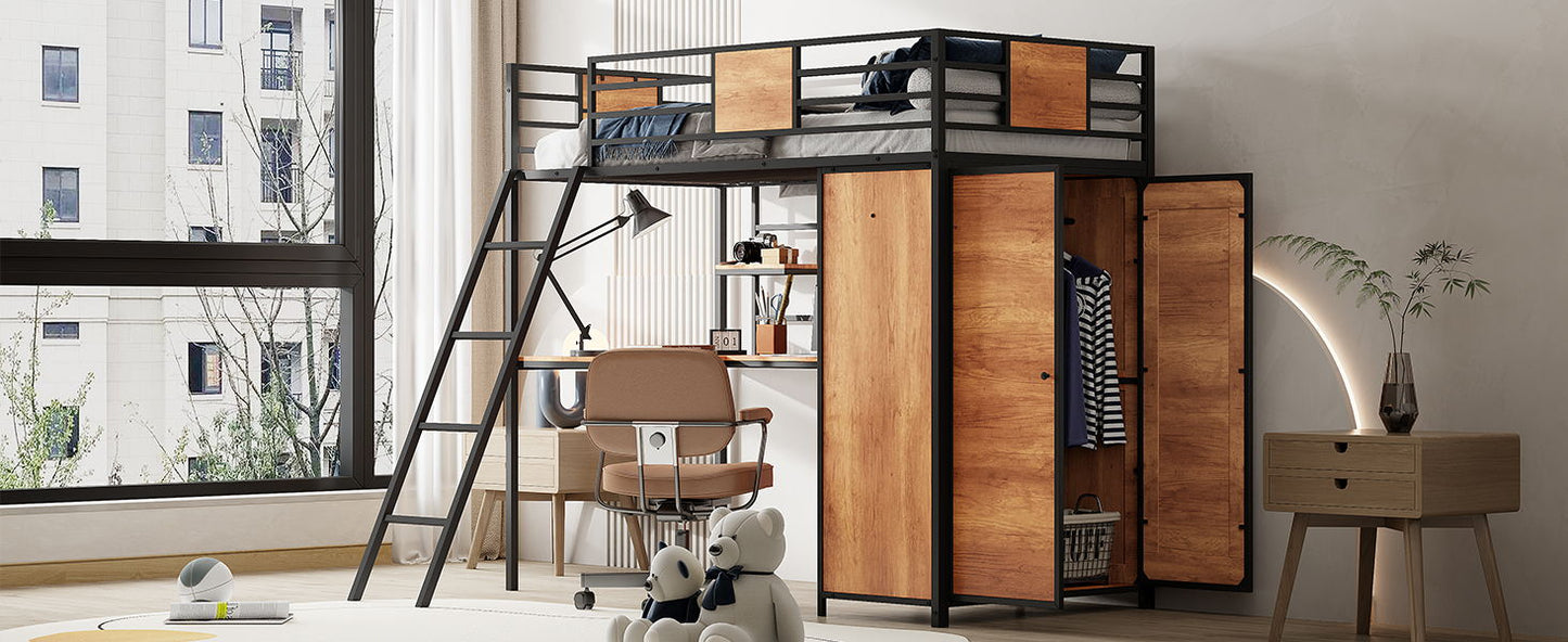 Twin Size Loft Bed With L Shape Desk And Wardrobe - Black