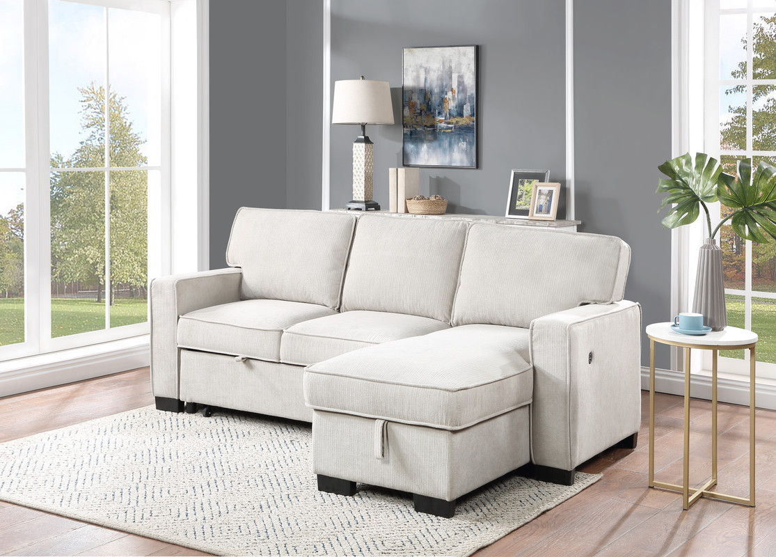 Estelle - Fabric Reversible Sleeper Sectional With Storage Chaise Drop-Down Table 2 Cup Holders And 2 USB Ports - Beige