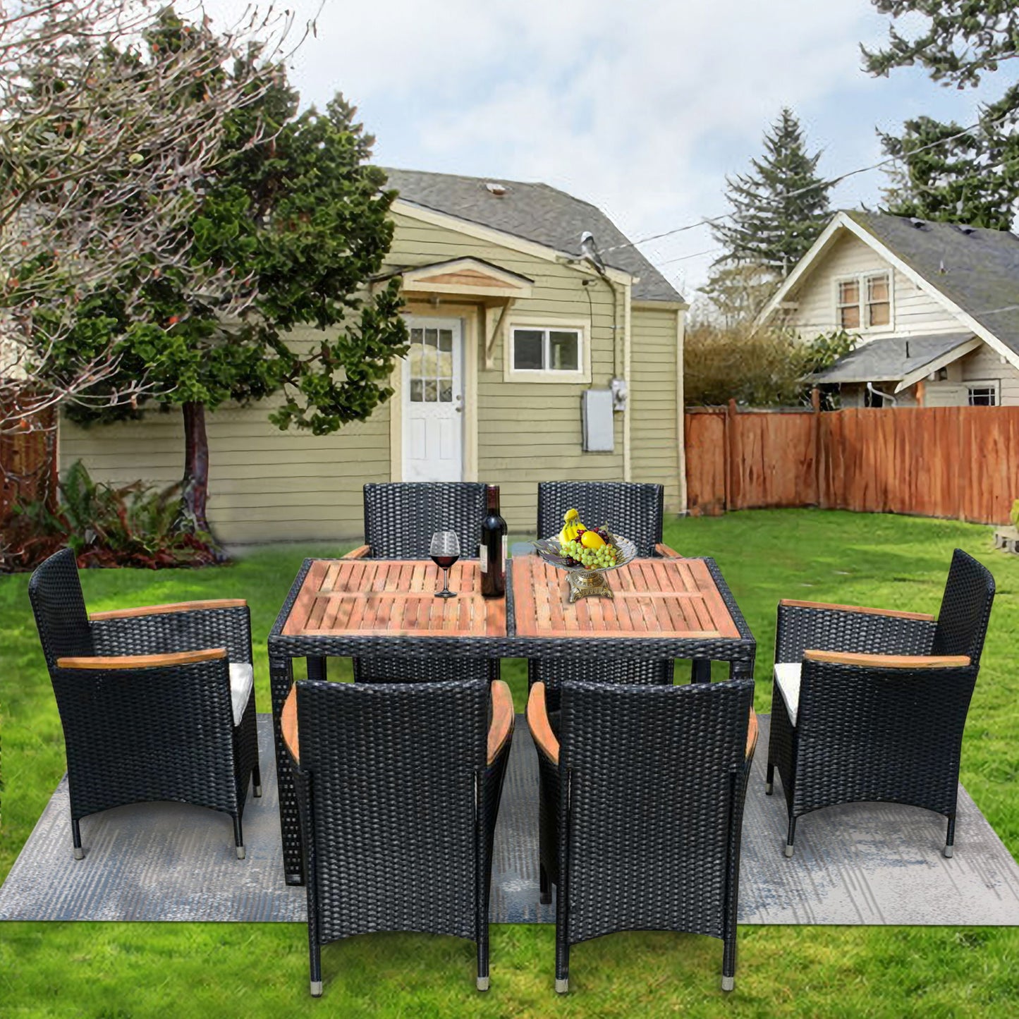 7 Piece Outdoor Patio Wicker Dining Set Patio Wicker Furniture Dining Set - Black / Cream
