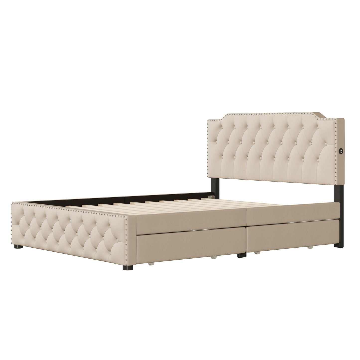 Queen Size Upholstered Platform Bed With 2 Drawers And 2 Sets Of USB Ports On Each Side - Beige