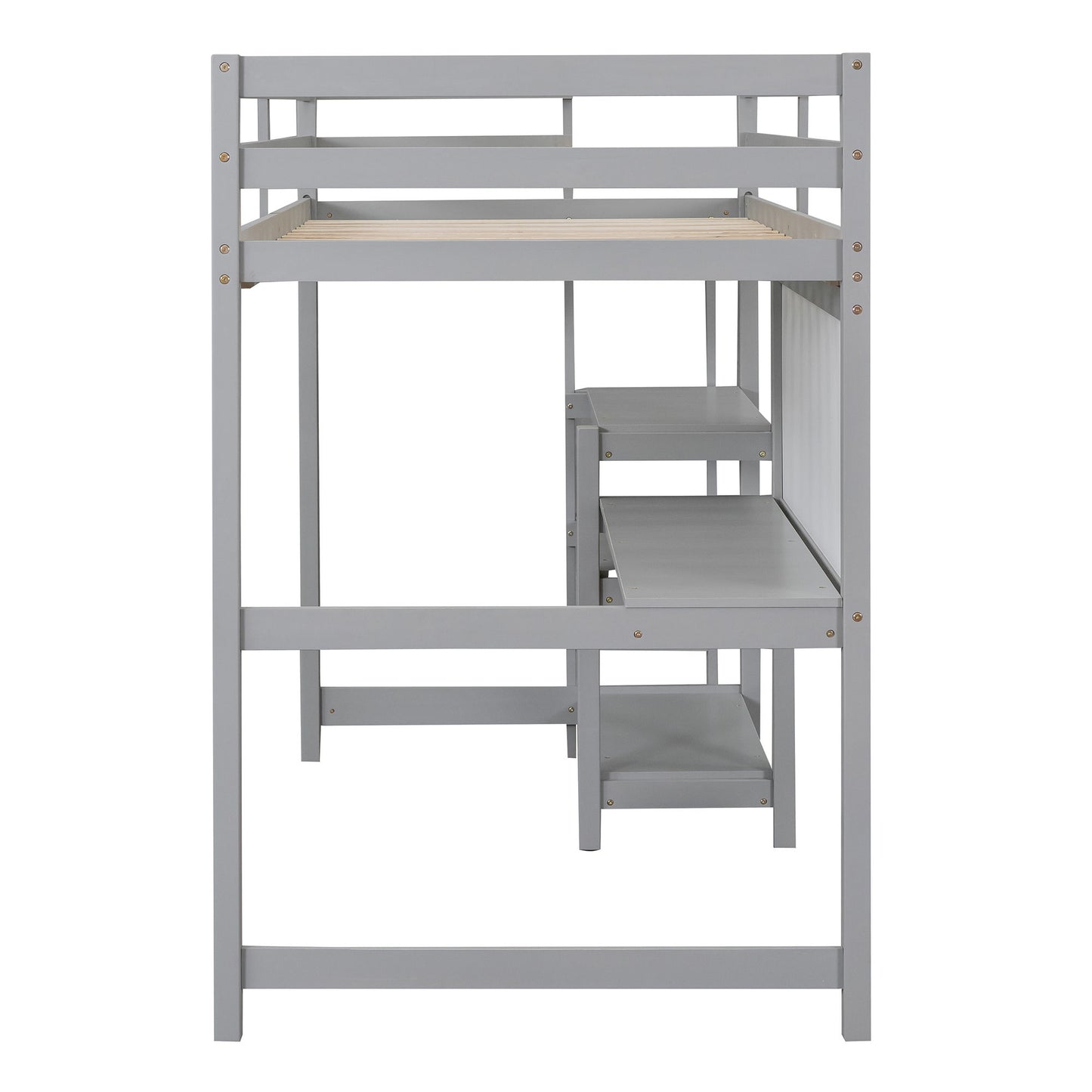 Twin Size Loft Bed With Shelves, Desk And Writing Board - Gray