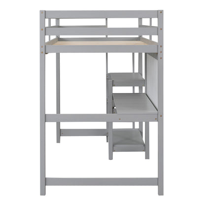 Twin Size Loft Bed With Shelves, Desk And Writing Board - Gray