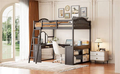 Full Loft Bed With U Shaped Desk, Storage Compartments And Tri Fold Mirror - Espresso