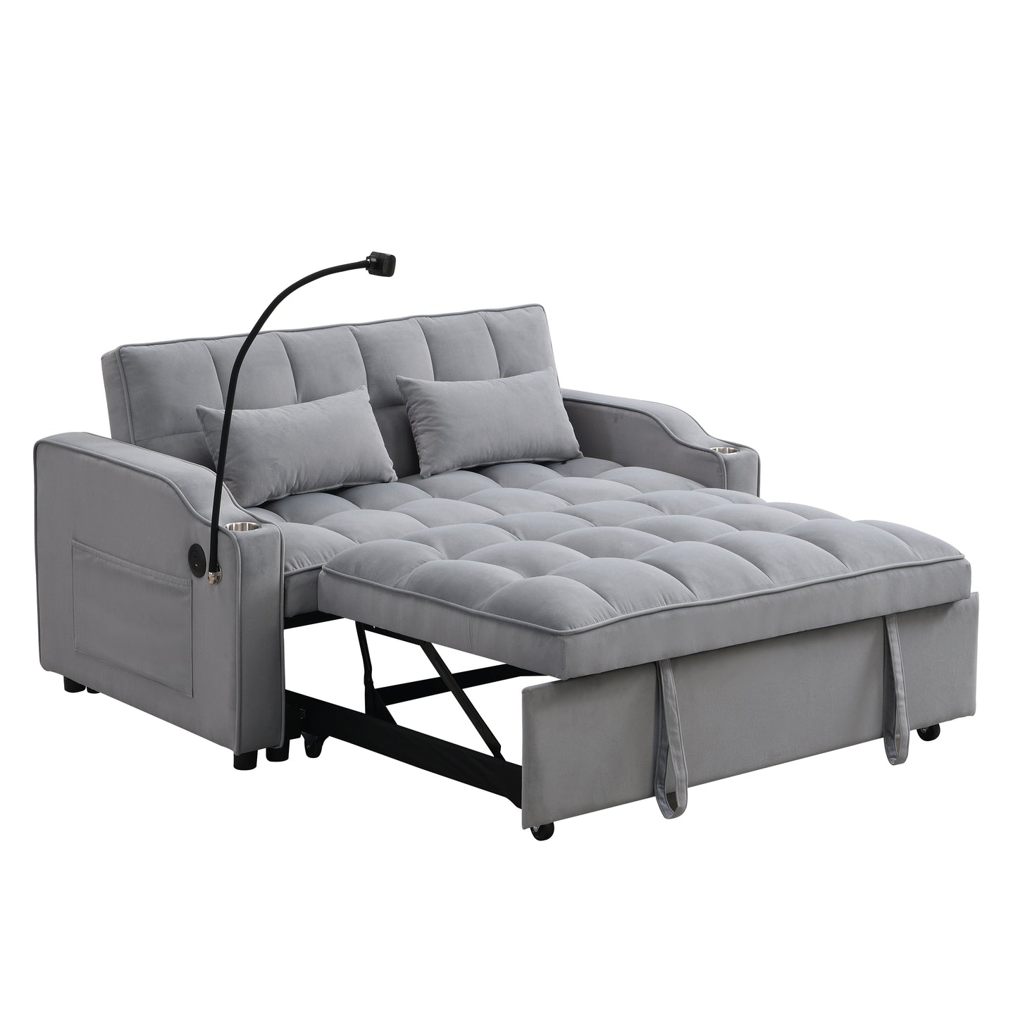 Modern Velvet Loveseat Futon Sofa Couch With Pullout Bed, Adjustable Backrest, Toss Pillows - Light Gray