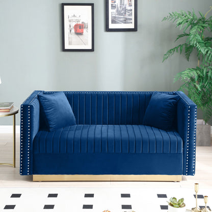 Contemporary Vertical Channel Tufted Sofa Loveseat Modern Upholstered Couch For Living Room With 2 Pillows - Blue