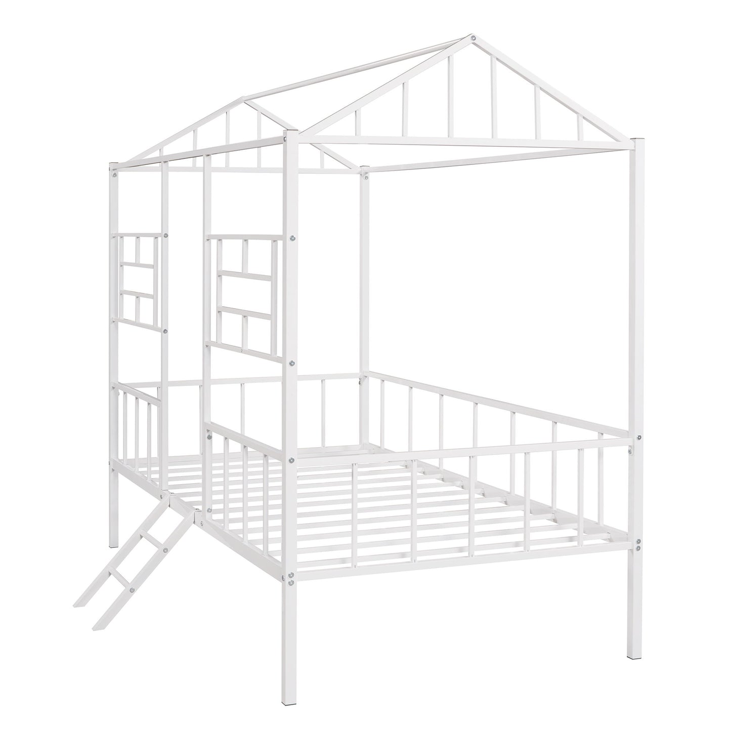 House Bed Frame Twin Size With Slatted Support No Box Spring Needed - White