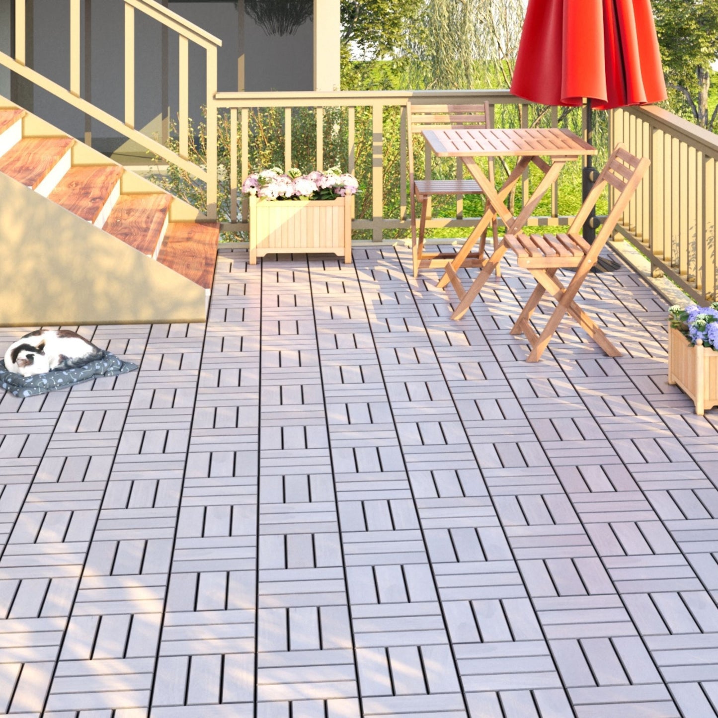 10 Piece Interlocking Deck Tiles Checker Pattern, Square Acacia Hardwood Outdoor Flooring For Patio, Bancony, Pool Side - Light Gray
