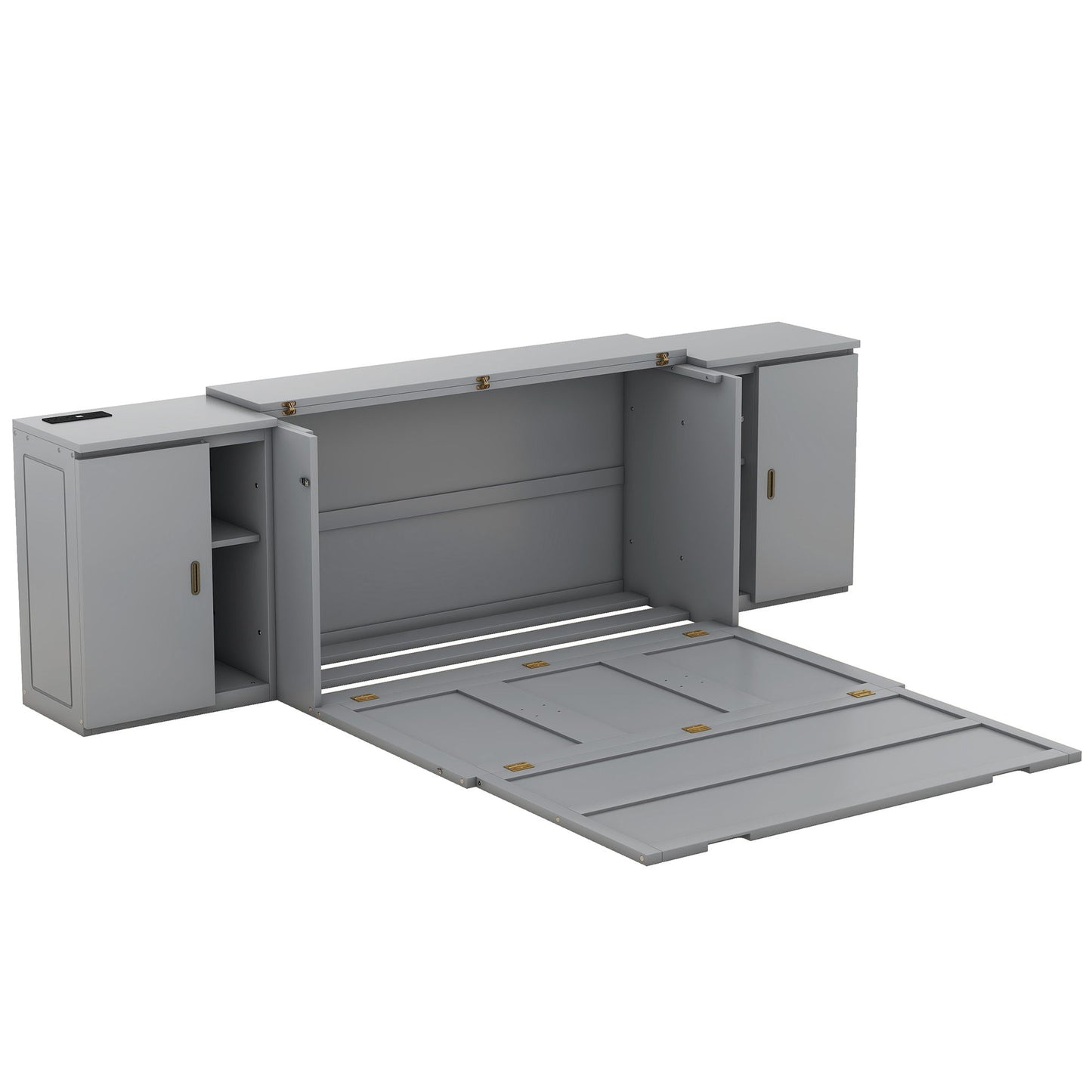 Queen Size Murphy Bed With Shelves, Cabinets And USB Ports - Gray