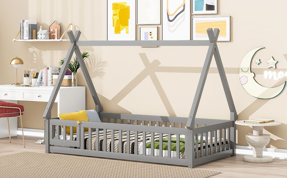 Twin Tent-Shaped Floor Bed, With Guardrails, Slats, Door - Gray