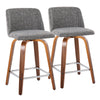 Toriano - Mid-Century Modern Fixed Height Counter Stool With Swivel And Square Footrest (Set of 2) - Walnut / Gray